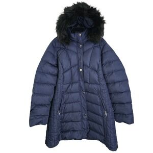 SLOWDOWN Womens Navy Blue Faux Fur Hood Puffer Coat Jacket XXL EE‎ G Winter Warm